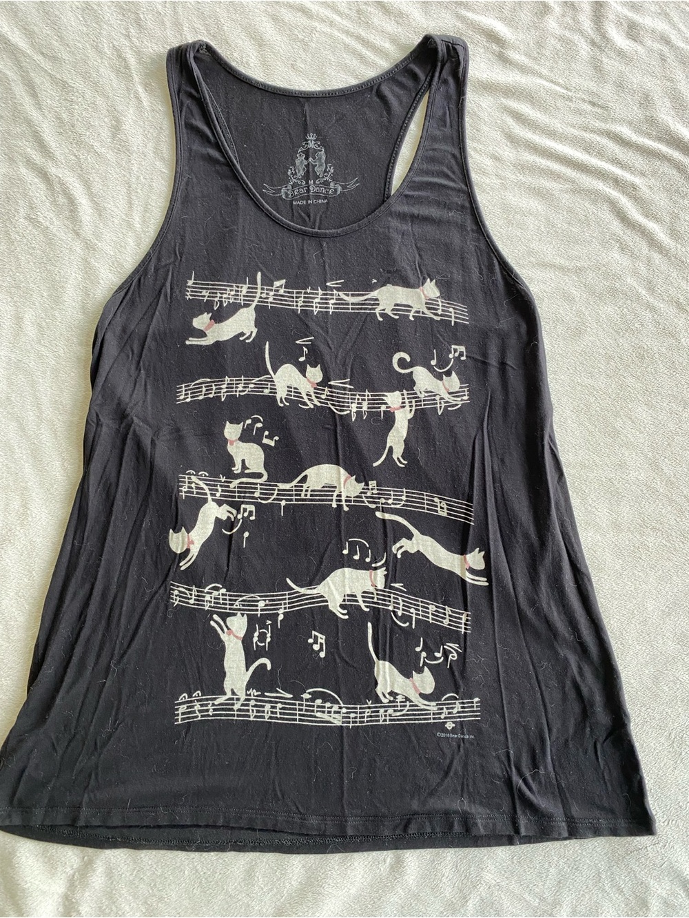 Bear Dance brand Black Tank with Cats Playing on Sheet Music